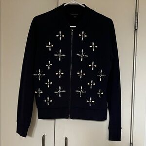 Banana Republic Navy Embellished Bomber Zip Up Crewneck